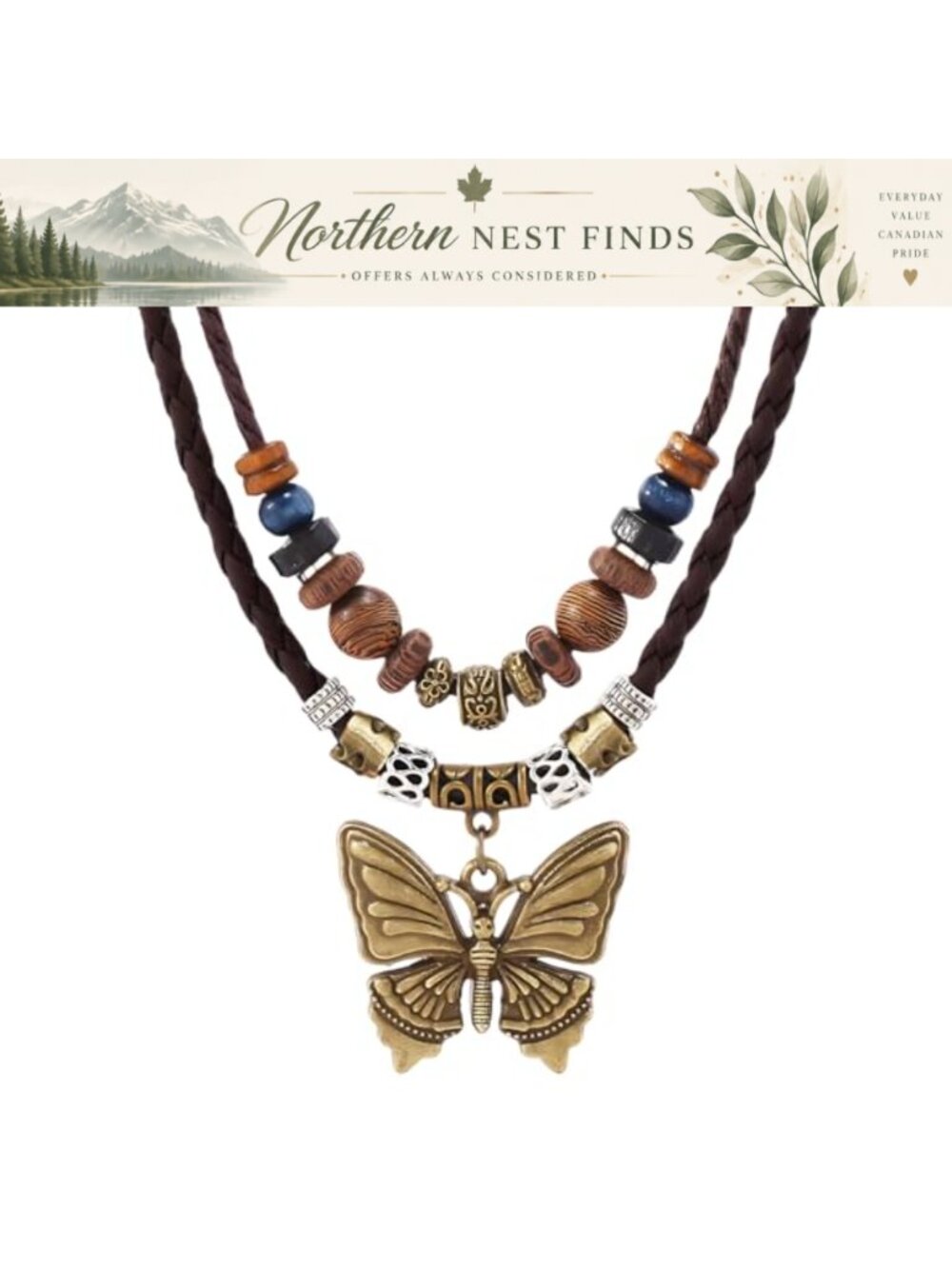 Boho Butterfly Pendant Necklace Wooden Beads Braided Choker Women